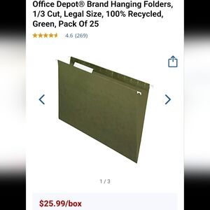 Office Depot Green Hanging Folders - Pack of 25
